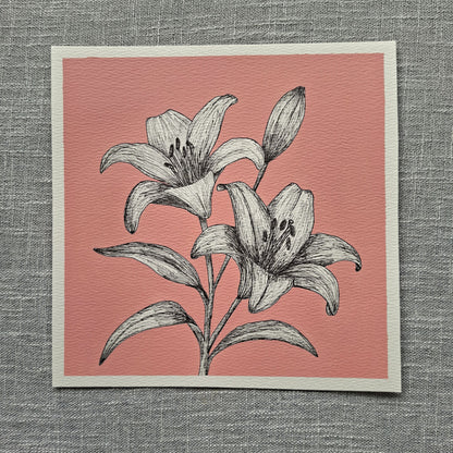 Original Lily Painting 8 x 8 inch Fineliner and Acrylic Artwork