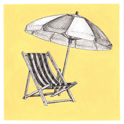 Original Beach Chair and Umbrella Painting 8 x 8 inch Fineliner and Acrylic Artwork
