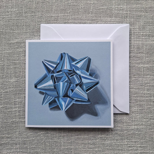 Blue gift bow blank greeting card 5 x 5 inch