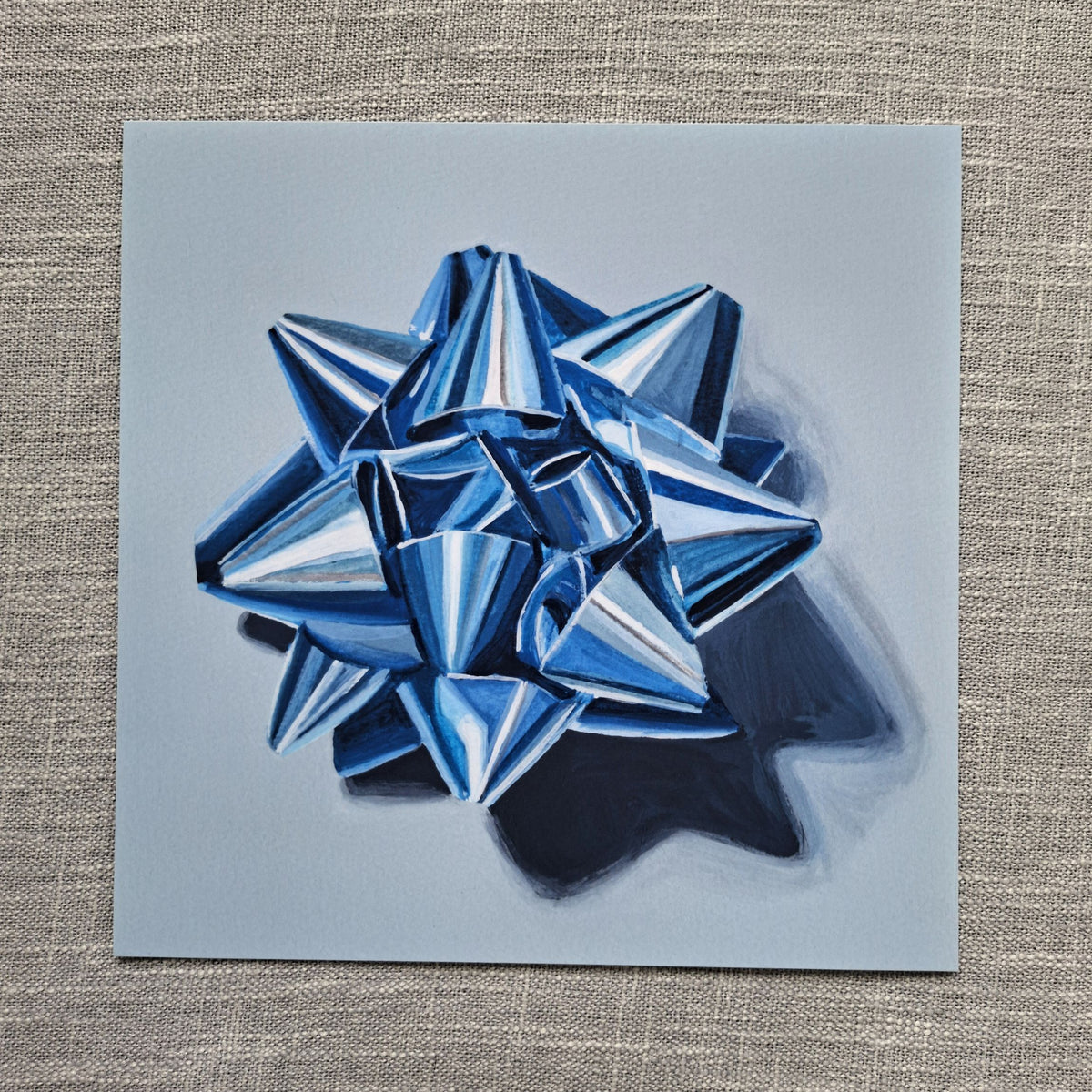Blue gift bow art print 8 x 8 inch unframed