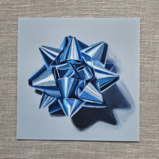 Blue gift bow art print 8 x 8 inch unframed