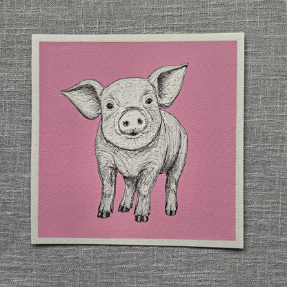 Original Pig Painting 8 x 8 inch Fineliner and Acrylic Artwork