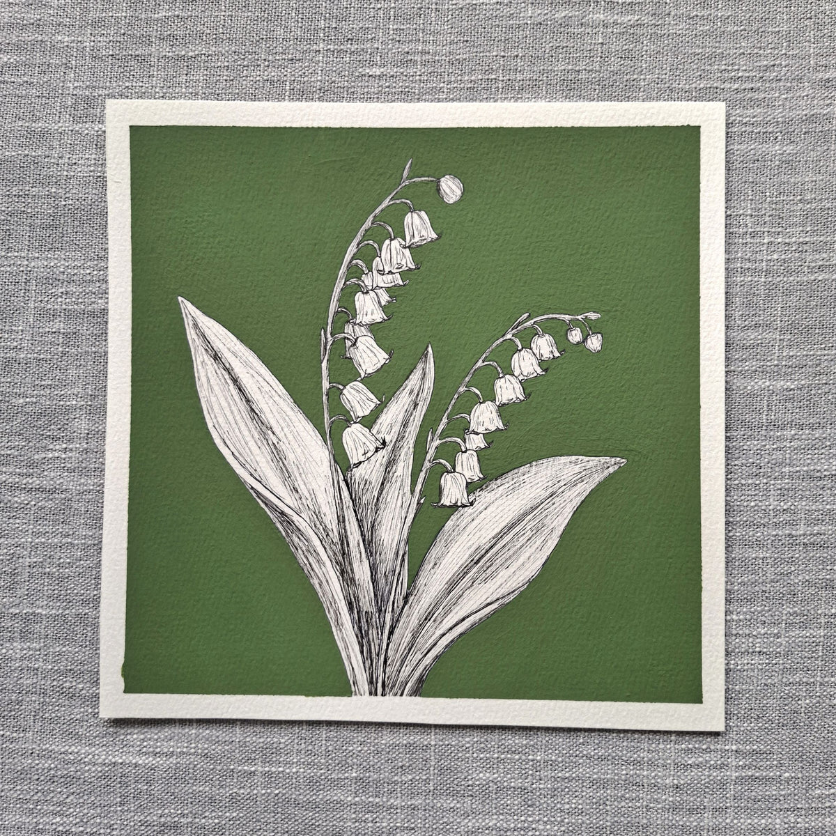 Original Lily of the Valley Painting 8 x 8 inch Fineliner and Acrylic Artwork