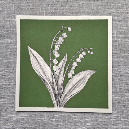Original Lily of the Valley Painting 8 x 8 inch Fineliner and Acrylic Artwork