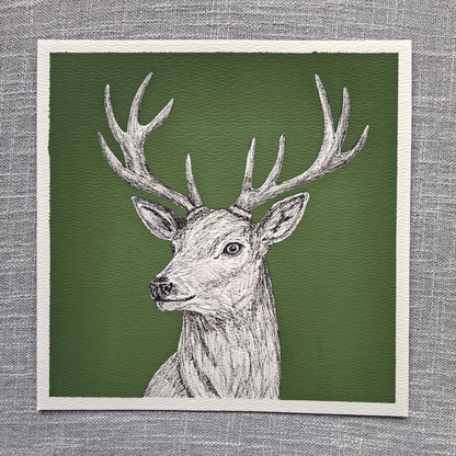 Original Deer Painting 8 x 8 inch Fineliner and Acrylic Artwork