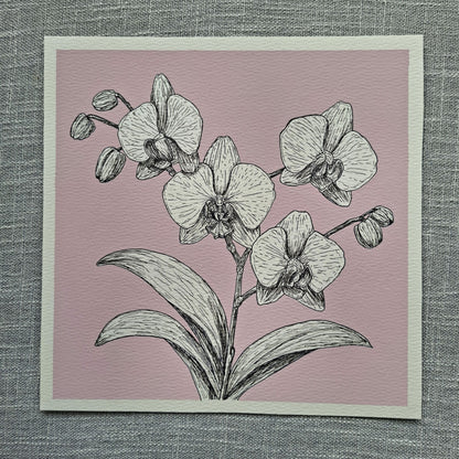Original Orchid Painting 8 x 8 inch Fineliner and Acrylic Artwork