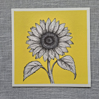 Original Sunflower Painting 8 x 8 inch Fineliner and Acrylic Artwork