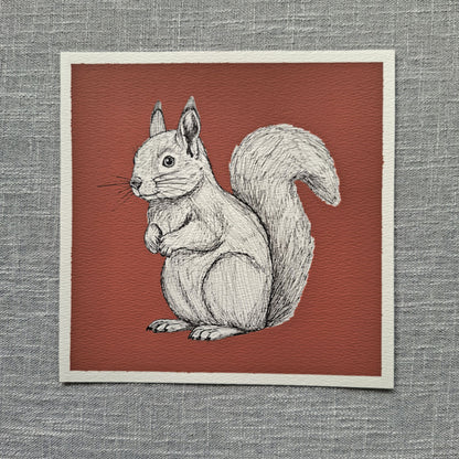 Original Squirrel Painting 8 x 8 inch Fineliner and Acrylic Artwork