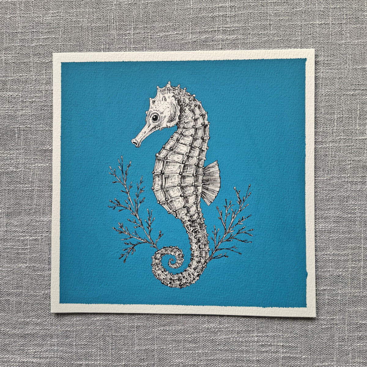 Original Seahorse Painting 8 x 8 inch Fineliner and Acrylic Artwork