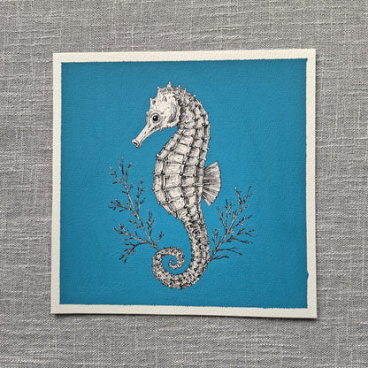 Original Seahorse Painting 8 x 8 inch Fineliner and Acrylic Artwork